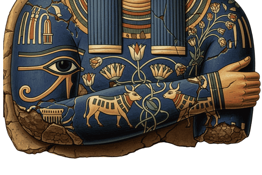 Tatuagem Antigo Egito: Olho de Hórus, vacas de Hathor e plantas de lótus.