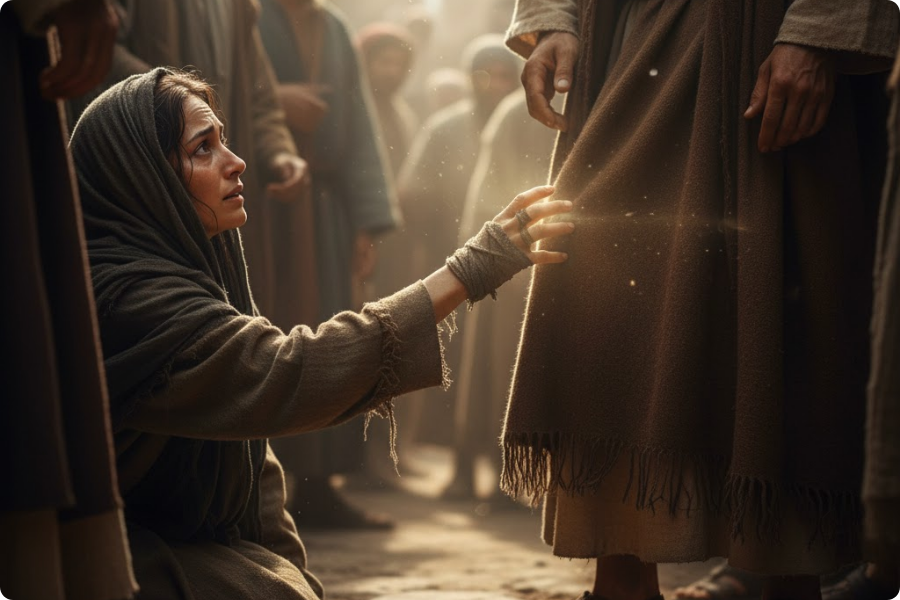 Mulher do fluxo de sangue tocando jesus