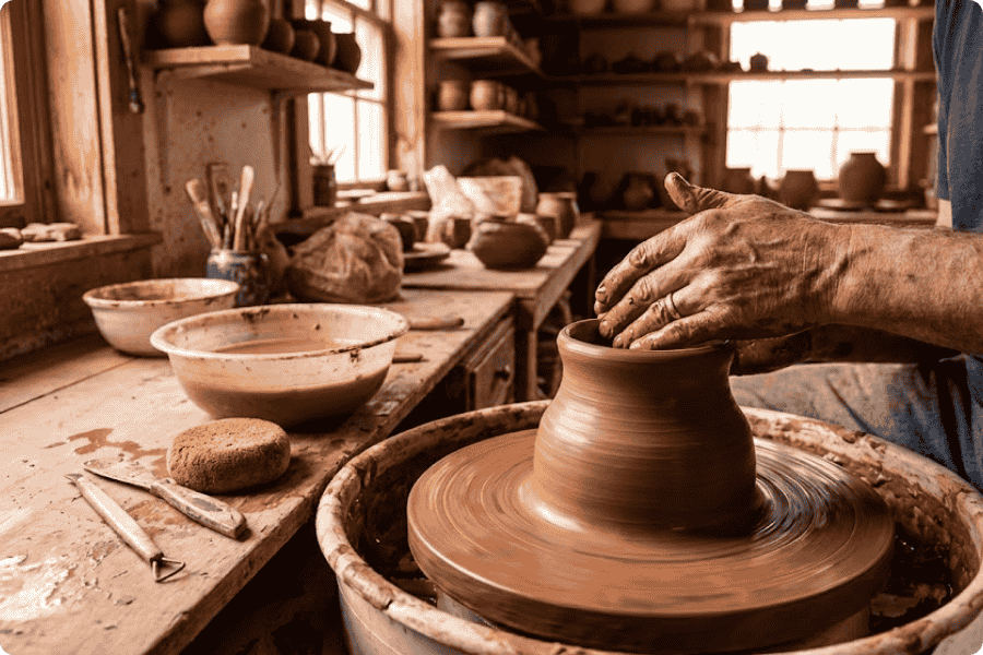 Oleiro moldando vaso de barro representando a criação