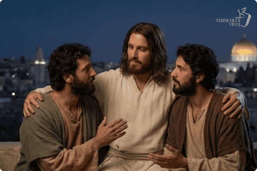 Jesus abraçado com dois discípulos, ensinando sobre o amor mútuo, com a cidade ao fundo.