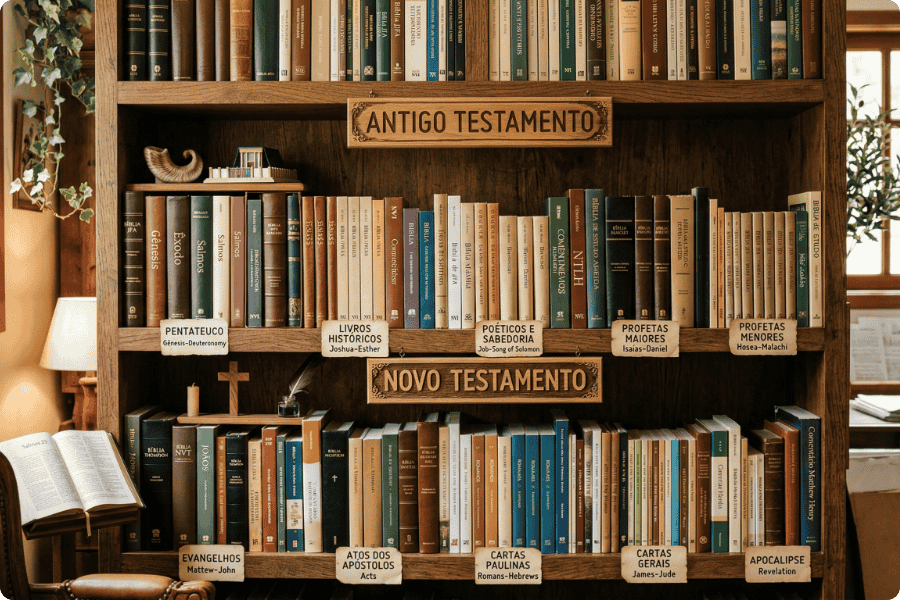 Infográfico da Estante Bíblica e Divisão Temática