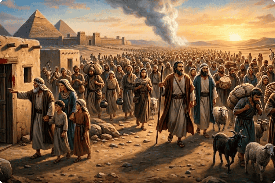 Ilustração da libertação do povo de Israel do Egito, representando a Páscoa do Antigo Testamento (Pessach).