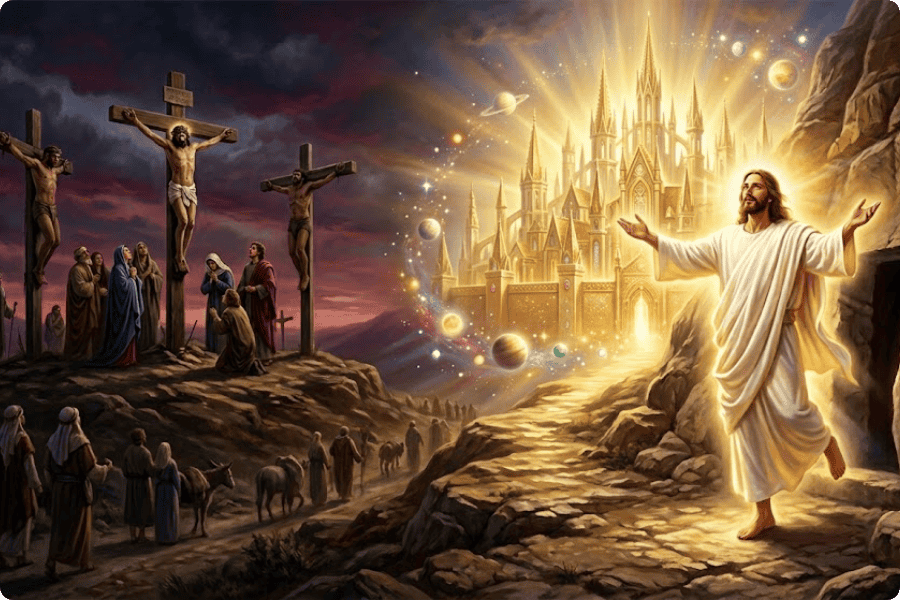Representação artística da Páscoa no Novo Testamento, mostrando o sacrifício de Jesus na cruz e Sua ressurreição vitoriosa do túmulo vazio.