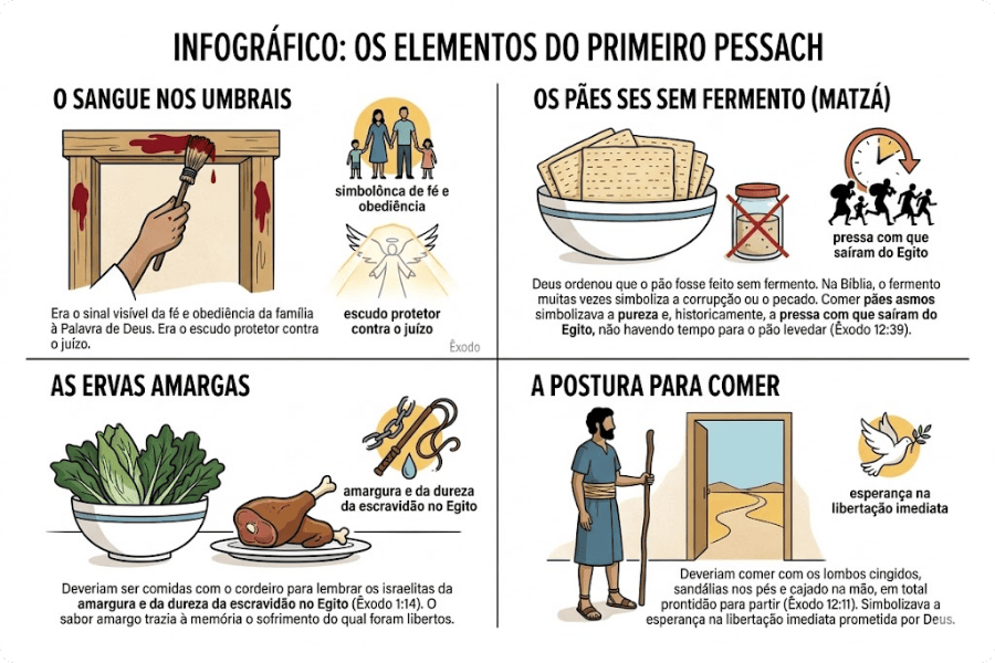 Infográfico com os principais símbolos da Páscoa judaica e seus significados teológicos: Cordeiro, Sangue, Pães Asmos e Ervas Amargas.